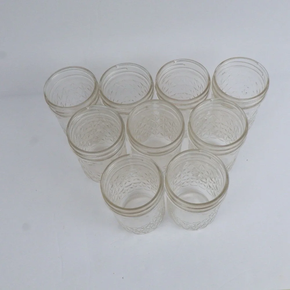 9 VTG Quilted Crystal Glass Jelly Jars Jam Canning Mason Homemakers 8 oz